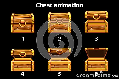 Animation step by step open and closed wooden chest, game assets Vector Illustration