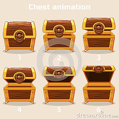 Animation step by step open and closed wooden chest Vector Illustration