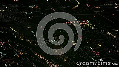 Animation of typing mathematics and physics formulas in abstract digital space. Animation. Concept of exact sciences and Stock Photo