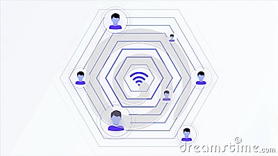 Animation with Wi-Fi signal. Motion. Wi-Fi sign with moving signal and users. Wi-Fi wave signal and connected user icons Stock Photo