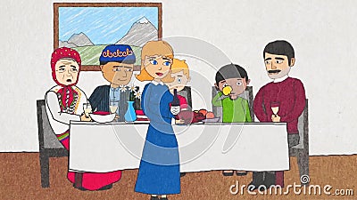 Animazione della gente del fumetto delle corse differenti che si siedono alla tavola di cena, mangianti pasto e comunicanti con c illustrazione vettoriale Animazione della gente del fumetto delle corse differenti che si siedono alla tavola di cena, mangianti pasto e comunicanti con c illustrazione vettoriale