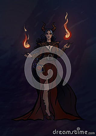Anime art girl demon with horns conjuring flames Stock Photo