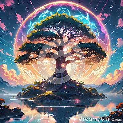 Anime art mythical tree Yggdrasil in the middle of a magical lake covered with a holy protection Stock Photo