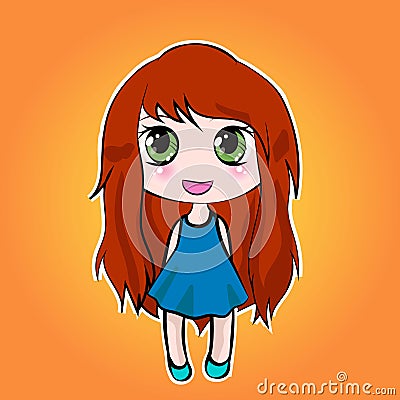 Anime cute little cartoon girl with red long hair Vector Illustration