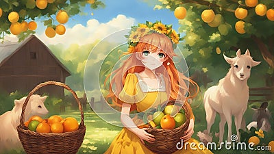 anime girl with basket of apples A cute anime girl with long orange hair and green eyes, wearing a yellow and green lolita Stock Photo