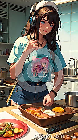Anime girl cooking in a kitchen, wearing headphone, a plate of food, digital painting, anime artstyle Stock Photo