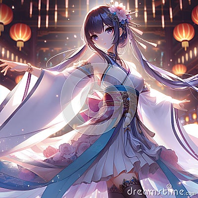 Anime girl dances like a fairy comes out from a painting, graceful, modern hanfu dress, fantasy, wallpaper, digital anime art Stock Photo