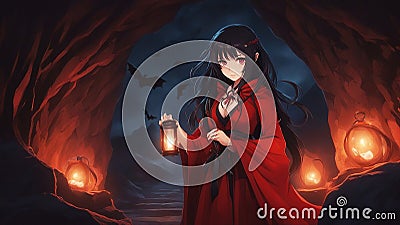 anime girl in a dress A seductive anime girl with long black hair and red eyes, wearing a red dress Stock Photo