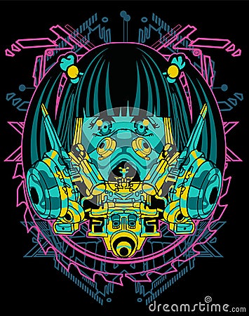 Anime girl head transformer robot warrior head masker cyberpunk background for t-shirt poster sticker design Stock Photo