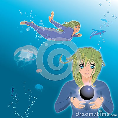 Anime girl holding black pearl Stock Photo