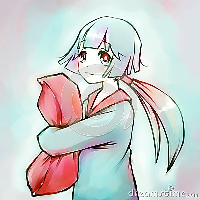 Anime girl hugging a pillow Cartoon Illustration