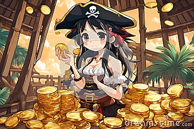 Anime Pirate Girl Proudly Showcasing Gold Coin Treasure Tropical Island Stock Photo