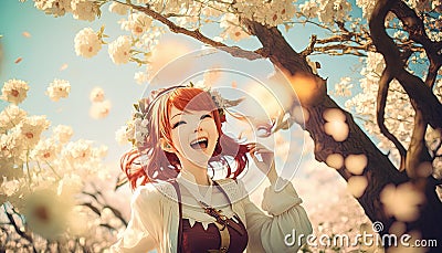 Anime girl's infectious energy lights up the blooming cherry blossom field Stock Photo