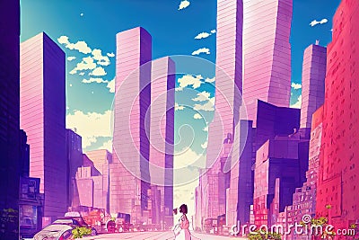 anime girl standing in front of a futuristic city with very big towers, colorful manga art, ai generated image Stock Photo
