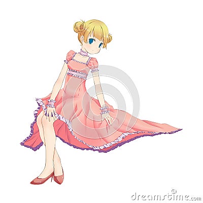 Anime girl wearing a long beautiful dress Cartoon Illustration