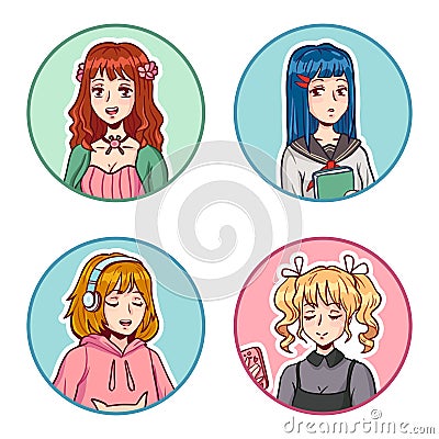Anime girls avatars. Manga female characters wearing various cute clothes. Young teenagers doing activities Vector Illustration