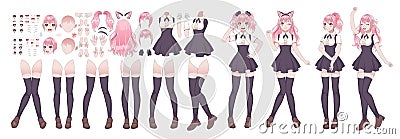 Anime girls character kit. Manga japanese style woman with various face emotions hands and legs position, hairstyles Vector Illustration