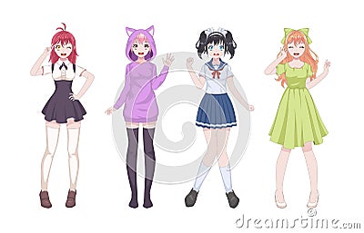 Anime girls. Manga japanese style beautiful young women in school uniform, short skirt and cosplay clothes, kawaii asian Vector Illustration