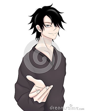 Anime guy extends his hand in an inviting gesture. Stock Photo
