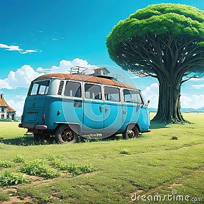 anime illustration abandoned van car with house that tree grow on it Cartoon Illustration