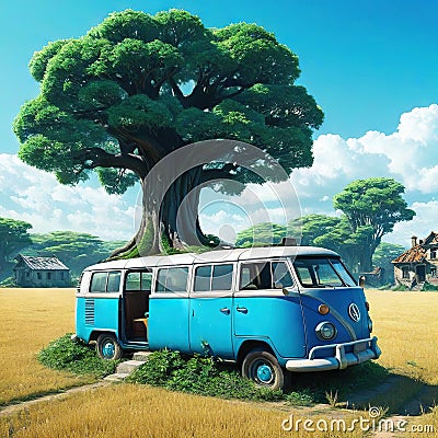 anime illustration abandoned van car with house that tree grow on it Cartoon Illustration