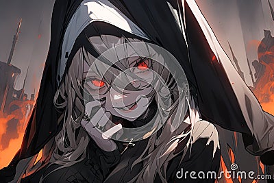 anime illustration evil woman with red eyes dressed as a nun smiling Cartoon Illustration