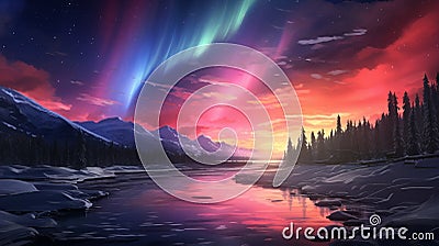 Anime-inspired 4k Sunset Under The Aurora - Beautiful Red Sky With Mountains And Waterfalls Stock Photo