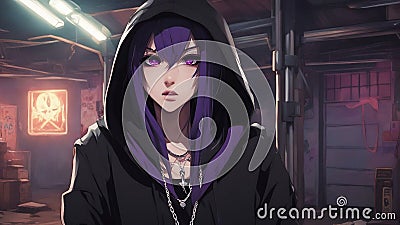 Anime inspired cartoon, anime A gloomy anime girl with long purple hair and purple eyes, wearing a black hoodie Stock Photo