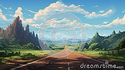 Anime-inspired Cartoon Road Image Hd With Supernatural Creatures Stock Photo