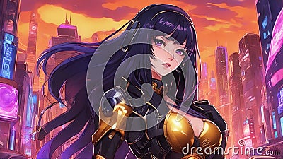 anime-inspired cartoon, anime A stunning anime girl with long black hair and purple eyes, wearing a golden top Stock Photo