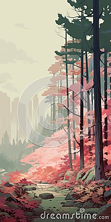 Anime-inspired Digital Painting Of Autumn Foliage And Cityscape Stock Photo