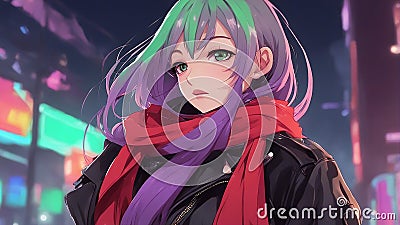 anime inspired She has long purple hair and green eyes, and wears a black leather jacket and a red Stock Photo