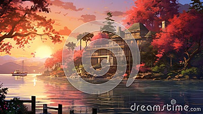 Anime-inspired Sunset At Island Resort With Subtropical Forest And Cherry Blossoms Stock Photo