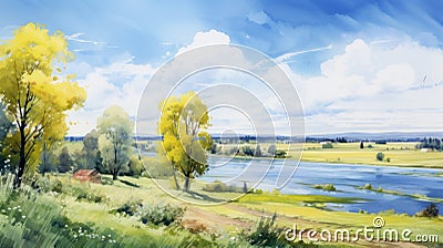 Anime-inspired Watercolor Painting Of A Rural River Valley Stock Photo