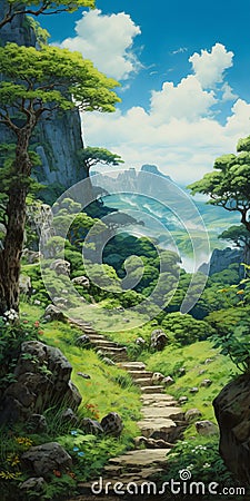 Anime Landscape On Hillside: A Miyazaki Hayao Inspired Scene Cartoon Illustration