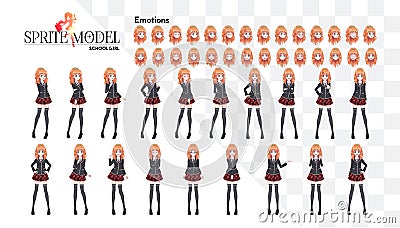 Set of emotions. Sprite full length character for game visual novel. Anime manga girl, Cartoon character in Japanese style. In a Vector Illustration