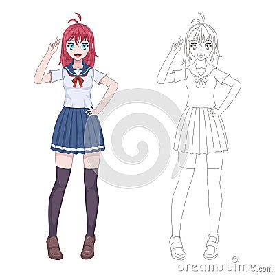 Anime manga girl. Comic japanese style smiling young woman in marine uniform, short skirt cosplay clothes, kawaii asian Vector Illustration