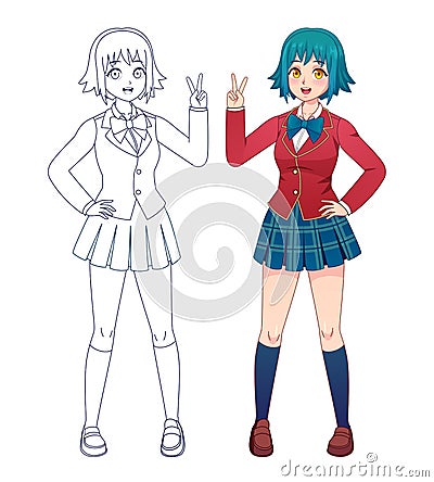 Anime manga girl. Japanese comics cute school girls in uniform for coloring book page. Cartoon character full body Vector Illustration