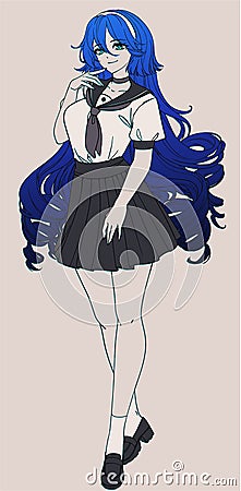 Anime manga style girl with curly blue hair Vector Illustration