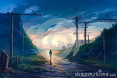 anime post-apocalyptic sunset over a ruined road. Generative AI Stock Photo