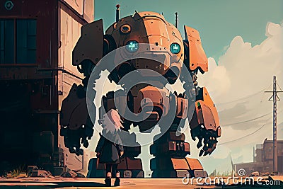 anime robot on the background of the old factory. Generative AI, Generative, AI Stock Photo