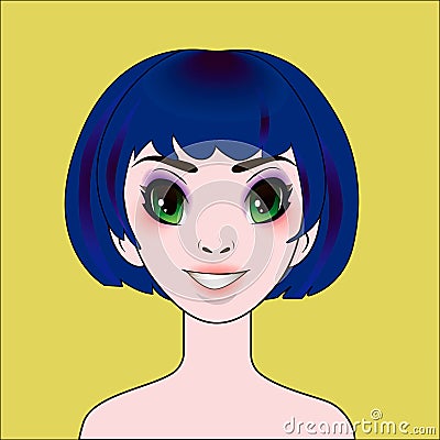 Anime girl with blue bob hairstyle Vector Illustration