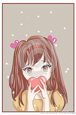 Anime style character A brown haired girl with love and star background Vector Illustration
