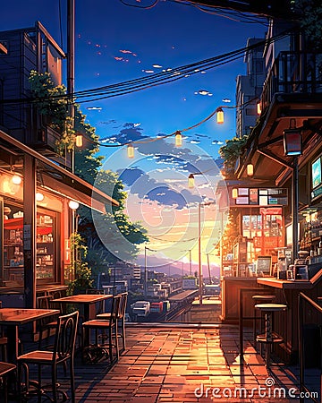 Beautiful anime-style illustration of outdoor restaurants at golden hour Cartoon Illustration