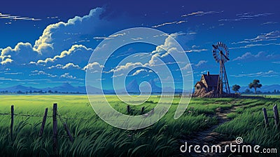 Anime-style Windmill In A Panoramic Prairie - Pixel Art Stock Photo