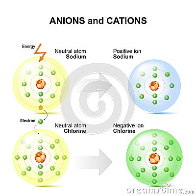 Anions and cations for example sodium and chlorine atoms. Vector Illustration