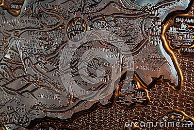 Macro detail of bas-relief metal map of Cyprus Editorial Stock Photo