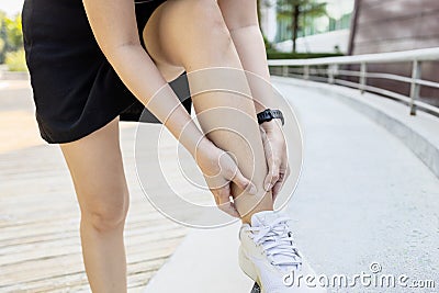 Ankle injury,feeling pain,problems of Anterior Ankle Impingement or Tibialis Anterior Tendon,painful in the joint connecting foot Stock Photo