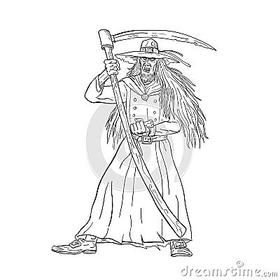 Ankou Graveyard Watcher With Scythe Drawing Black and White Vector Illustration