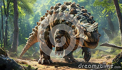Ankylosaurus in a defensive posture, showcasing its armored body and club-like tail Stock Photo